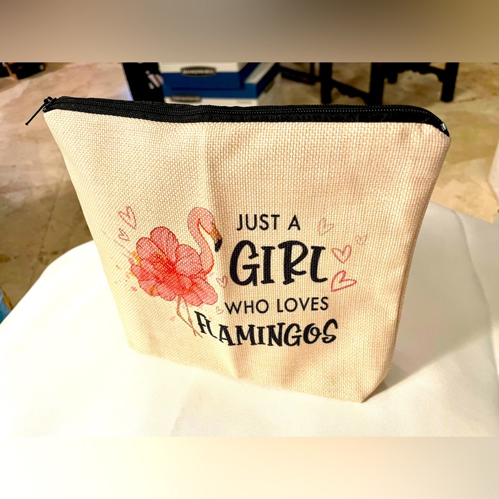 New! Canvas Cosmetic Fun Bag Just A Girl Who Loves Flamingos Zipper Top NWT